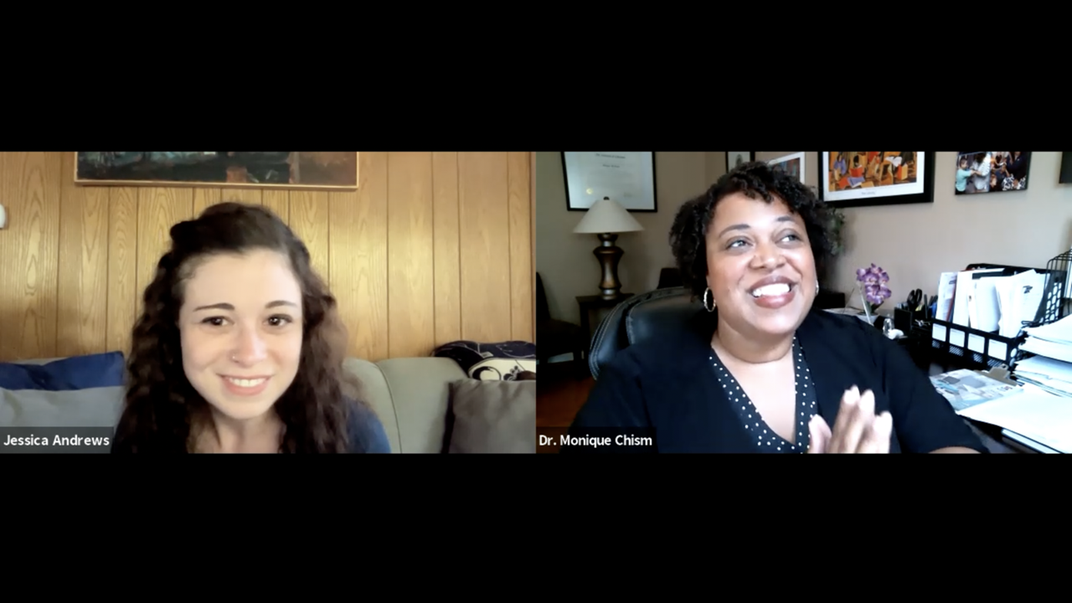 Side-by-side online Zoom frames of two women in conversation