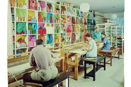 Photograph of Dorothy Liebes in her studio with staff, circa 1950s. Dorothy Liebes papers, circa 1850-1973. Archives of American Art, Smithsonian Institution.