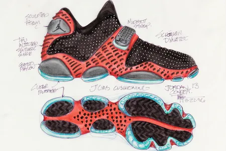 Tinker Hatfield&rsquo;s game-changing design for the Air Jordan XIII in pen and crayon, dated 1996.