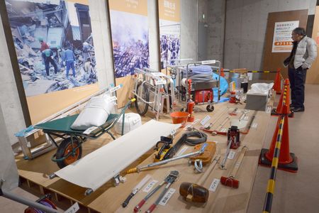 Survival tools and various equipment are displayed at the headquarters building of the Tokyo Rinkai Disaster Prevention Park recently developed on the waterfront on Sunday, January 20, 2013