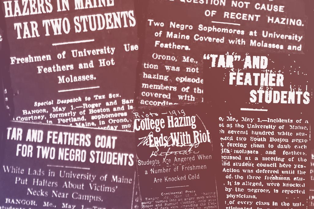 Illustration of newspaper headlines detailing the tarring and feathering attack