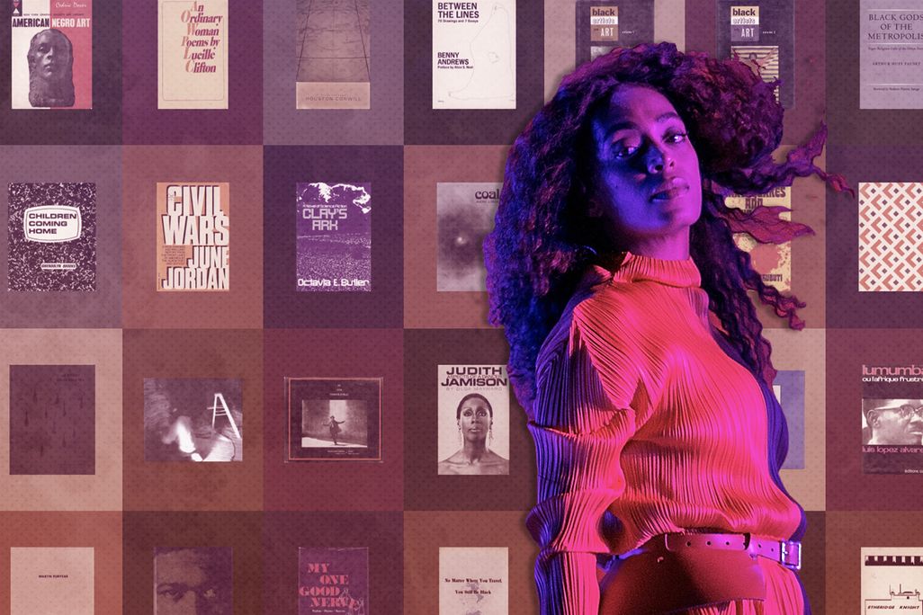 A composite image of Solange performing, bathed in red and purple light, in front of a collage of book covers available for rent