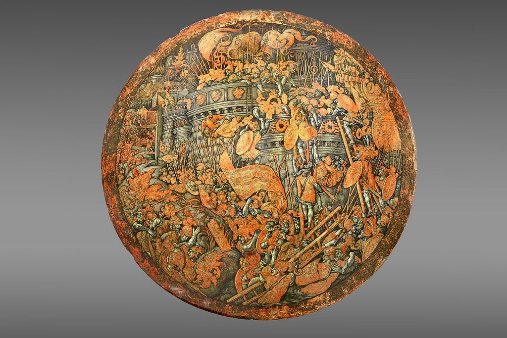"Shield showing the Storming of New Carthage (verso)," made in Italy c. 1535, attributed to Girolamo di Tommaso da Treviso (Italian, born c. 1497, died 1544), after a design by Giulio Romano (1492/99–1546)