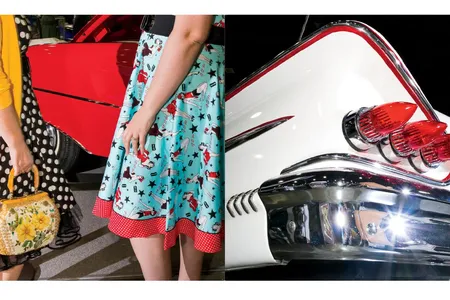 Left: Visitors roam the Portland show wearing vintage fashions from the Washington State boutique BelAir Betties.
Right: The tail section of a 1958 Chevy Impala, customized with 1959 Cadillac taillights, on display at the 63rd annual Portland Roadster Show.