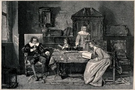 A wood engraving from the 19th century depicts a blind John Milton dictating his influential epic poem "Paradise Lost"