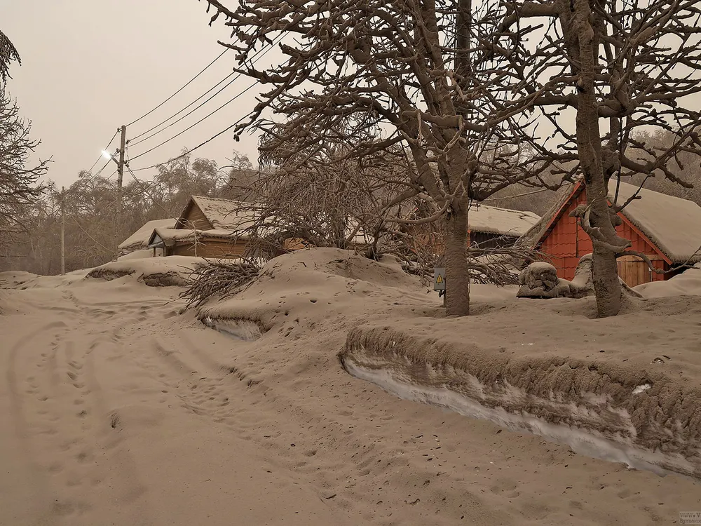 Ash covering ground and houses
