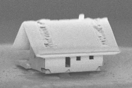 This house is just 20 micrometers long and features a tiled roof, seven windows, and a chimney.
