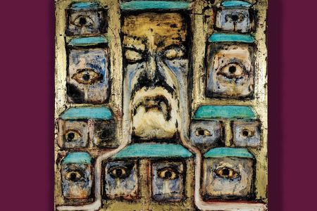 A detail of Toledo’s self-portrait Eye of the Beholder (2017) uses gold leaf in a grid of refracted identities. All artwork used with permission of the artist.