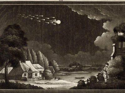 An artist's rendering of a meteor passing over the British Isles in 1783. Unlike the L'Aigle meteor a few decades later, the meteorites from this event were not witnessed falling to the ground, and thus meteorites remained a scientific mystery for another 20 years.