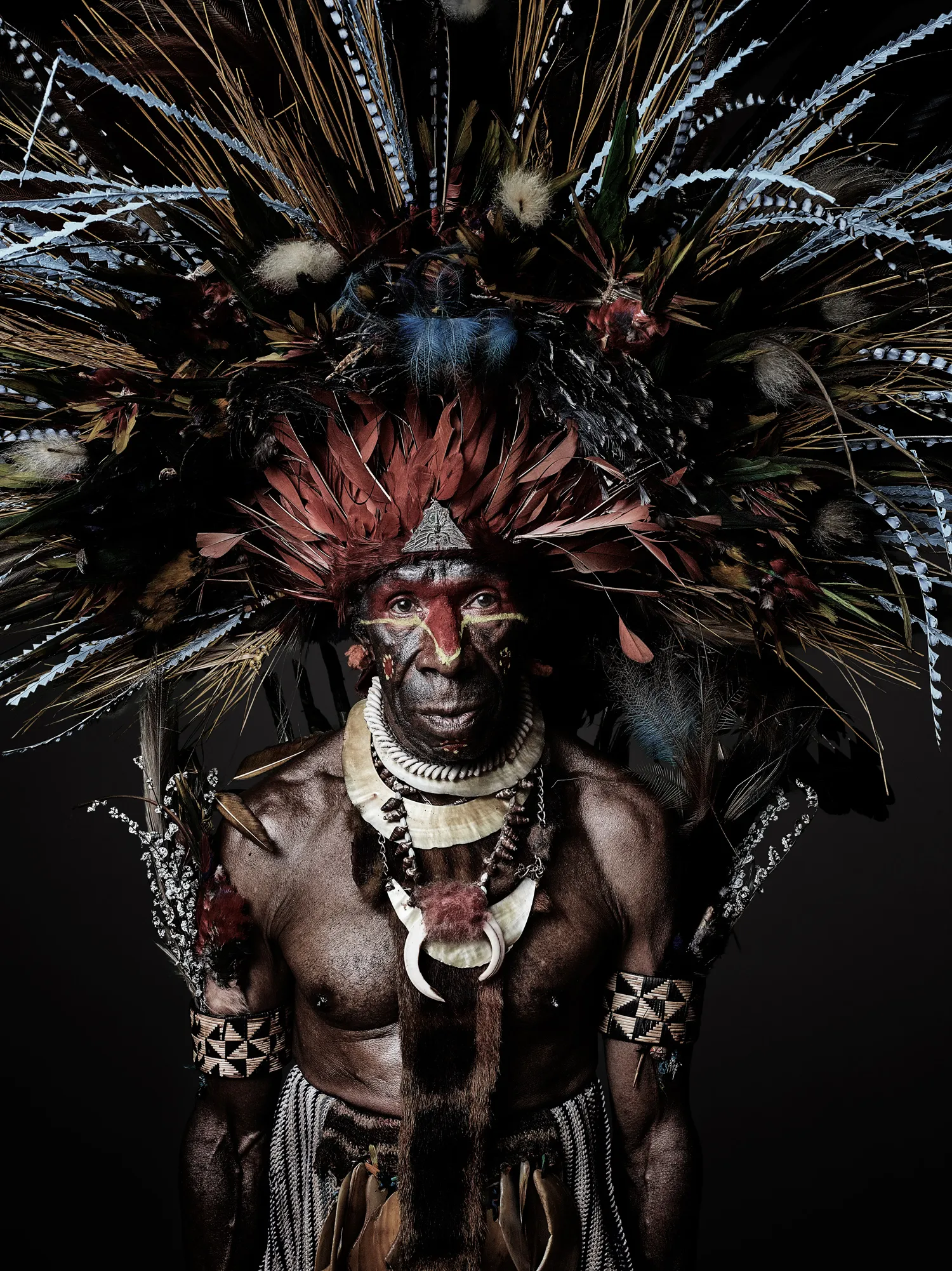 Man with Black and White Body Paint Wearing Feather Headdress