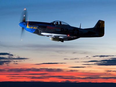 The P-51 Hell-er-Bust at sunset in Nampa, Idaho. 