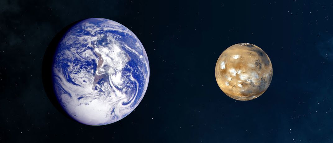 A side-by-side comparison of Earth and Mars.