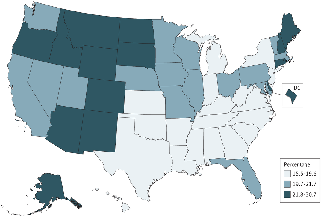 Map of U.S. with alcohol death rates