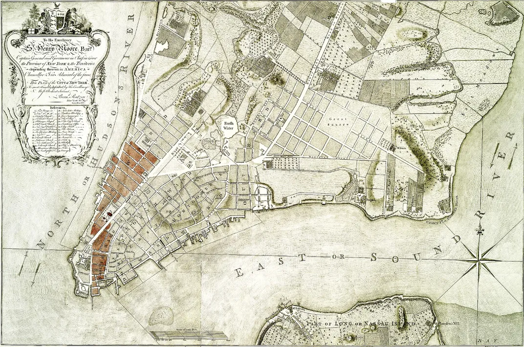 A map of New York City in 1776, with city blocks destroyed by the fire shown in red