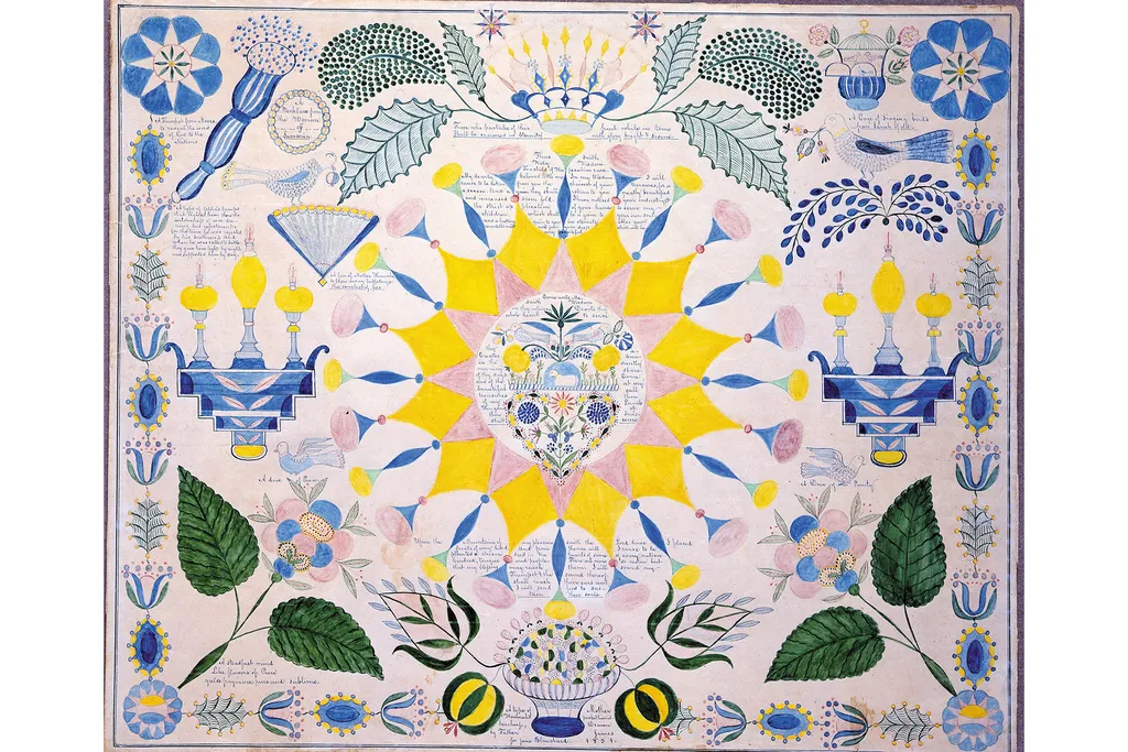 A yellow, blue and green Shaker drawing