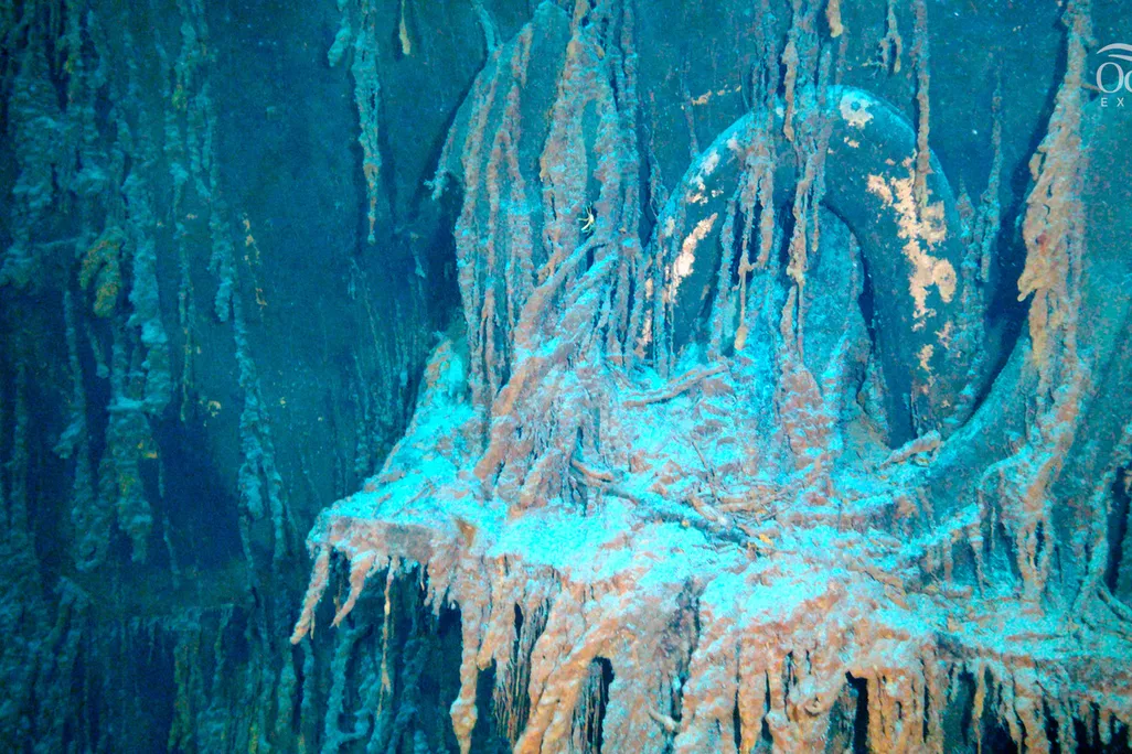 HD view of crusted-over wreckage of the Titanic
