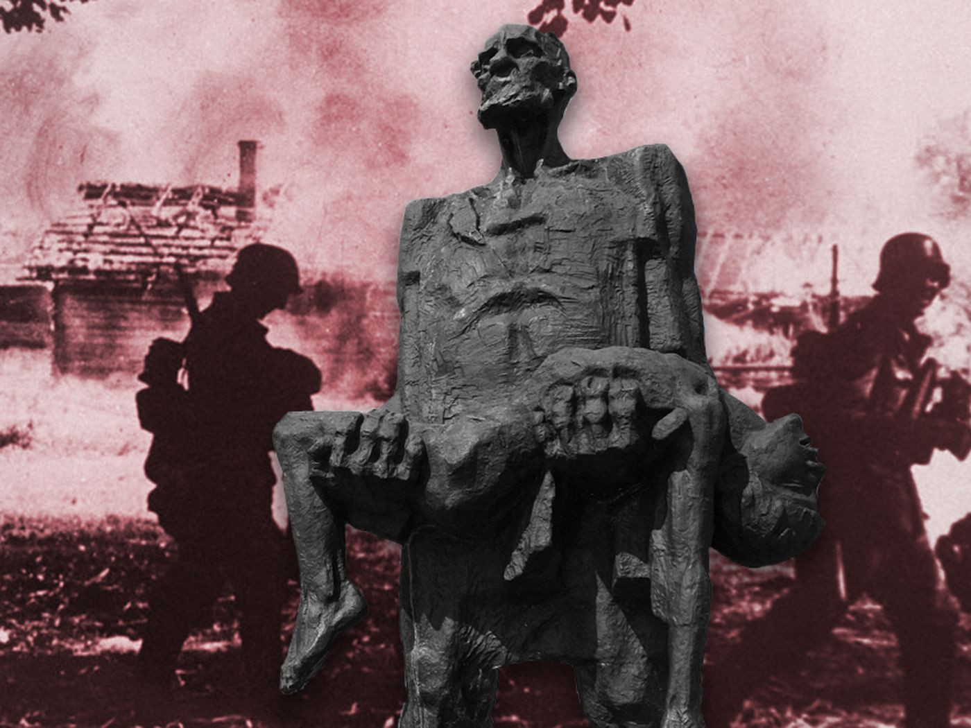 Statue of Khatyn massacre survivor in front of burned village (longform main)