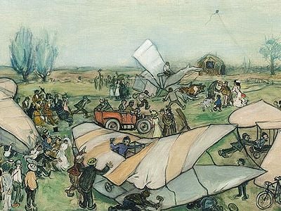 No fan of aviation, Rudolph Dirks was persuaded by a friend to attend the air meet. The “bizarre carnival atmosphere” delighted the artist, who rushed home to paint “The Fledglings,” considered the first serious artistic attempt to depict aircraft flight.