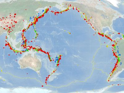 A map of earthquakes of magnitude 7.0 or higher between 1900 and 2013. Bigger dots represent stronger quakes, and red dots represent shallow earthquakes, green dots mid-depth, and blue dots represent earthquakes with a depth of 300 kilometers or more. See the full map and legend here.