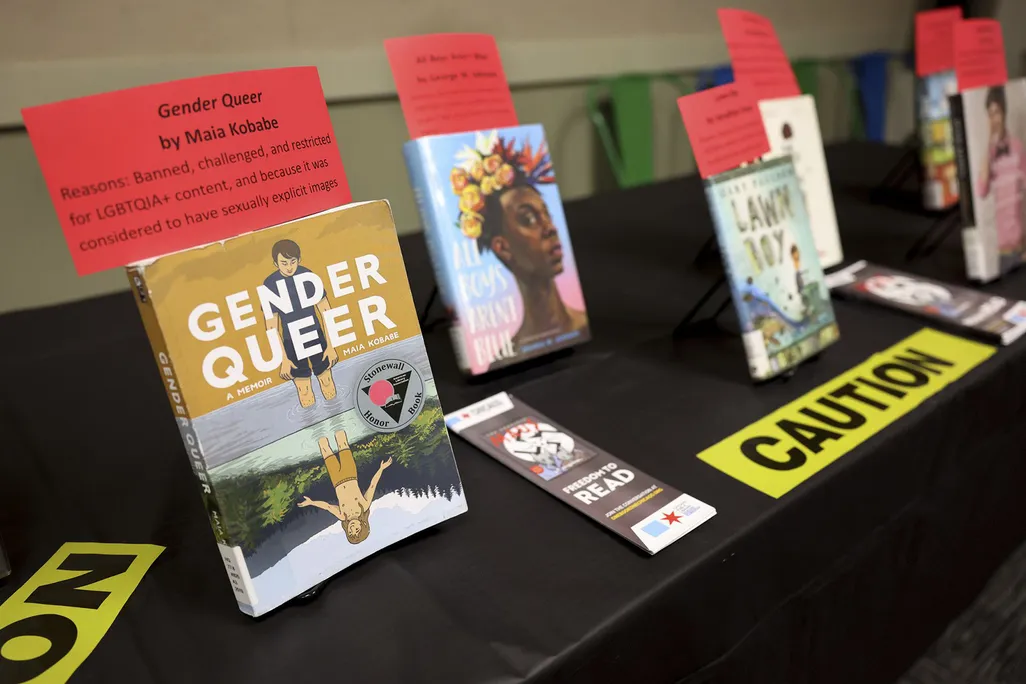 Books on a table including "Gender Queer" and "All Boys Aren't Blue"