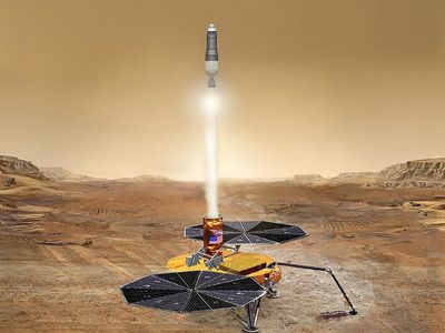 NASA is designing a small rocket (artist’s impression) that will launch from Jezero Crater, bringing soil samples back to Earth.