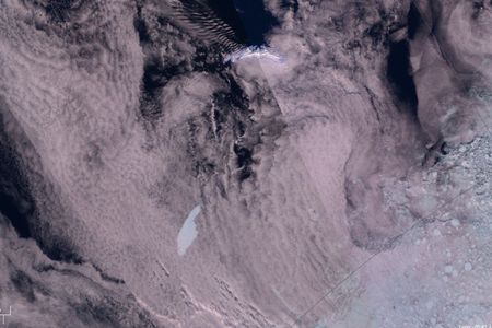 A satellite image shows the A68a iceberg in the lower left. The chunk of ice looks a bit like a pointed finger, and scientists say it's currently on a path to collide with the British Overseas Territory of South Georgia. 