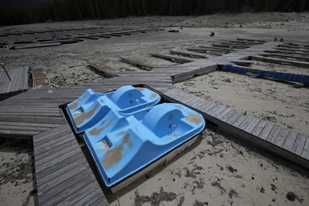 A dry boat dock sits in Huntington Lake after the water receded, in the High Sierra, California. The state is in its fifth year of drought, and more and more, California is turning to Australia—which endured a ten-year drought earlier this century—for solutions.
