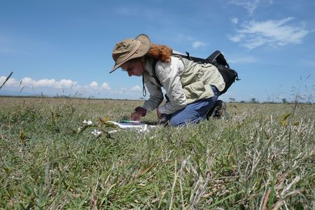 A person using a notebook while kneeling in grass on a sunny day in Kenya.