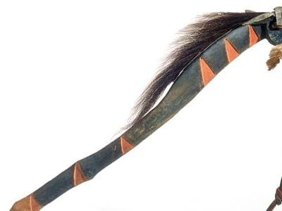 This dance stick (c. 1890) was created by the warrior No Two Horns to honor his horse being killed at Little Big Horn.