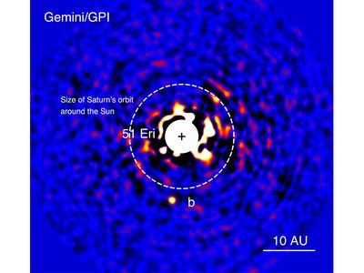 51 Eridani b, the bright dot at the bottom, glows in near-infrared light in this image taken by the Gemini Planet Imager on December 18, 2014. 