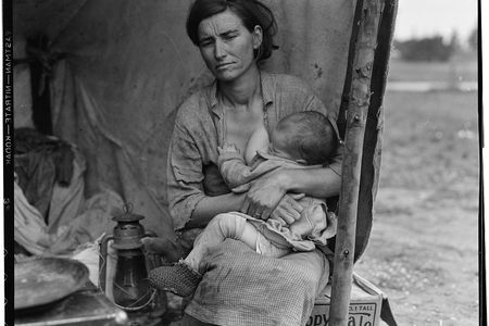 Portrait of Florence Thompson, aged 32, that was part of Lange's "Migrant Mother" series. Lange's notes detailed that the family had "seven hungry children," including the one pictured here. " Nipomo, California, circa 1936.
