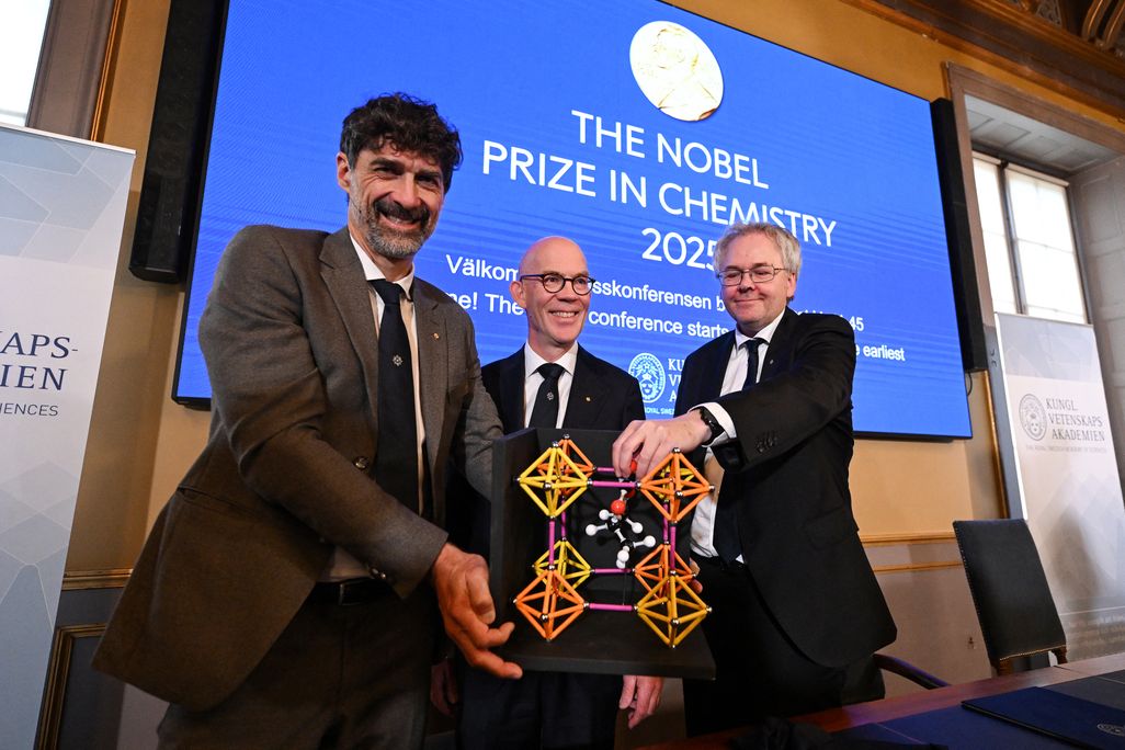 Members of the Nobel Committee for Chemistry hold a molecular model of a metal-organic framework.