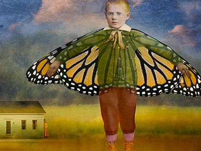 Fran Forman’s haunting digital collages (Flying Boy Over Truro’s Pond, 2009) combine antique photographs, paints, and scanned objects.