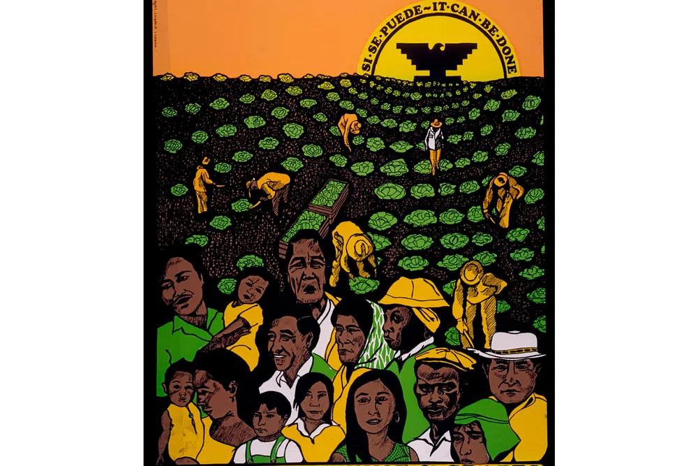 Poster of the bent figures of workers picking from rows of lettuce