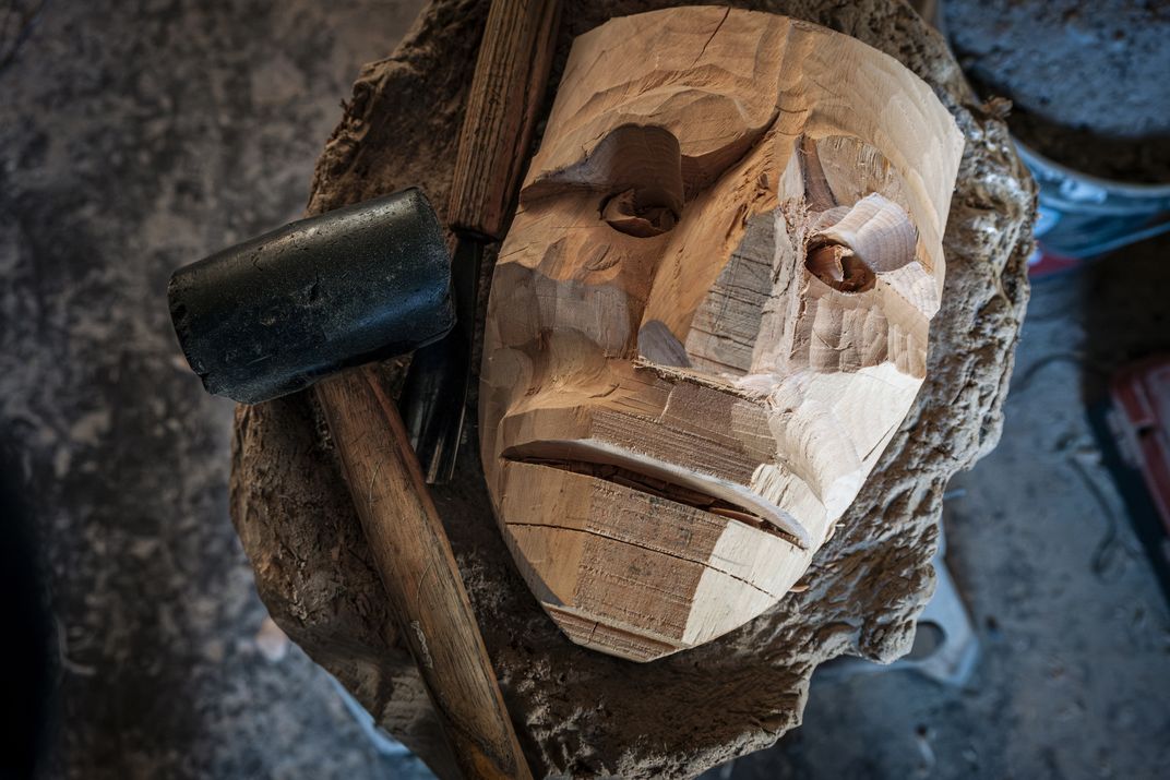 A detail of an unfinished Mamuthone mask at the Mamelis’ workshop.
