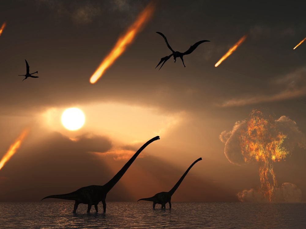 An artist's illustration of asteroids falling to Earth killing the dinosaurs