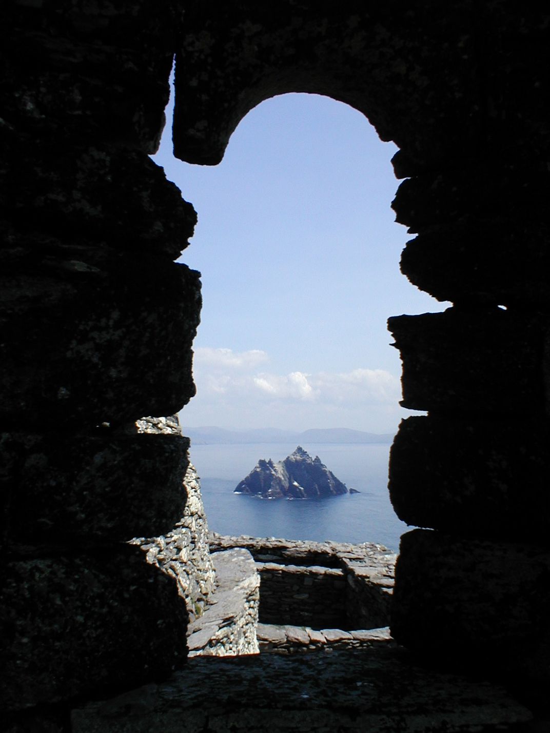 Little Skellig seen through a window of the hermitage of Skellig Michael