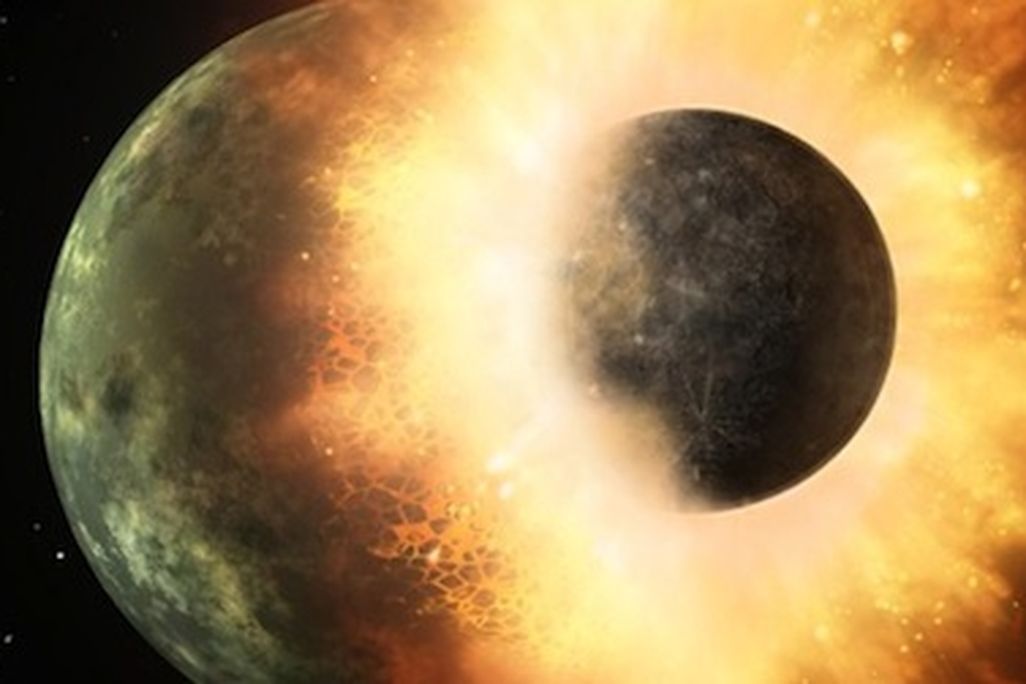 An artist’s conception of the massive collision that would have produced the moon roughly 4.5 billion years ago.