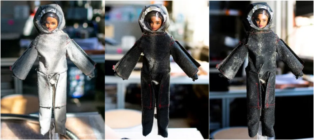 Three panels showing Barbie doll wearing spacesuit with different amounts of dust