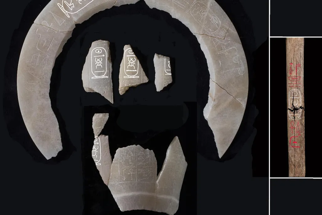 Shards of pottery against a black background