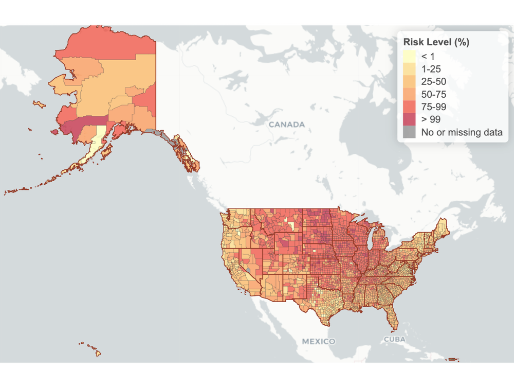 A map of the United States shows county-level risk of Covid-19 exposure with colors from yellow to red