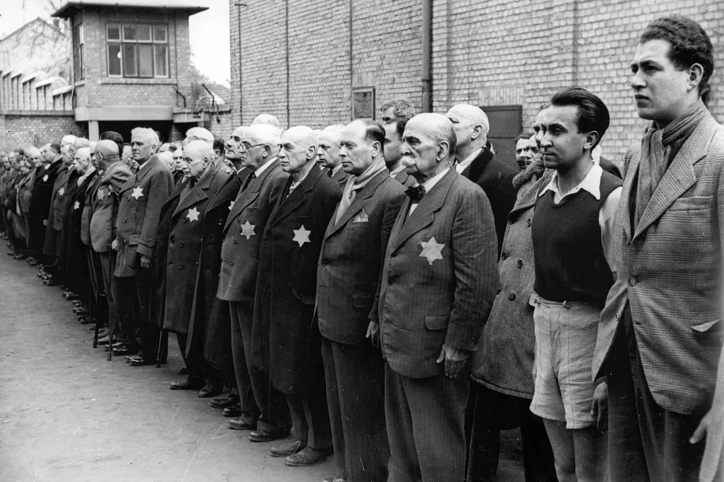 Jews wearing yellow stars at the Kistarcsa concentration camp in Hungary in 1944