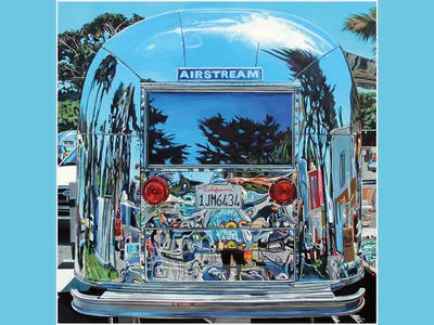 This 2014 acrylic painting by Taralee Guild captures the glistening promise of a 1960s Airstream at Pismo Beach, California.