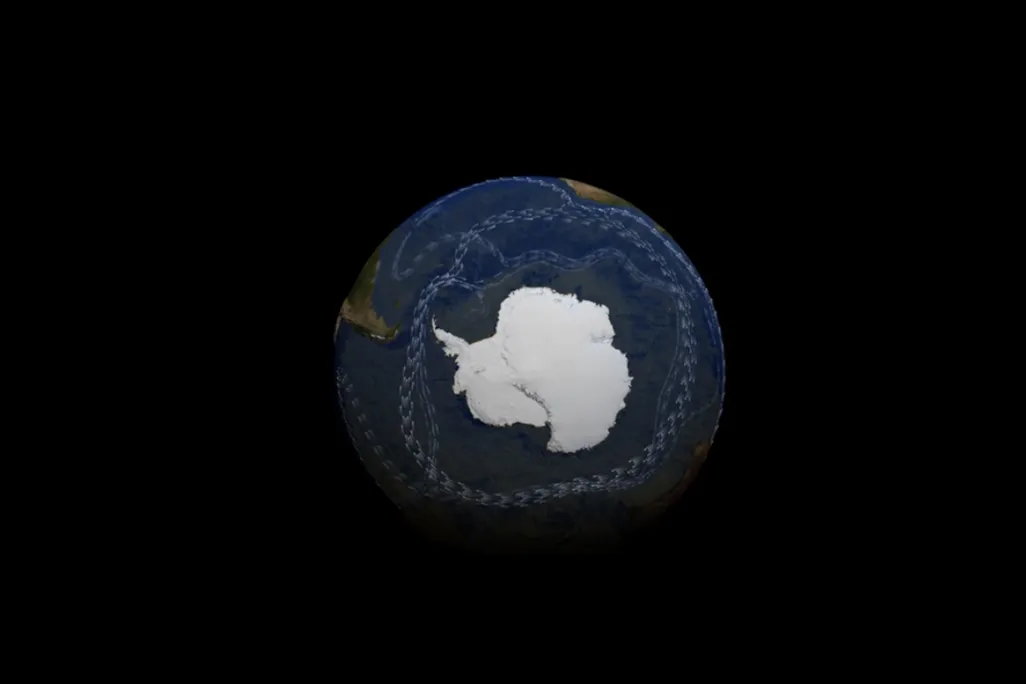 Antarctic Circumpolar Current on the globe around a white Antarctica with branches connecting to other currents.
