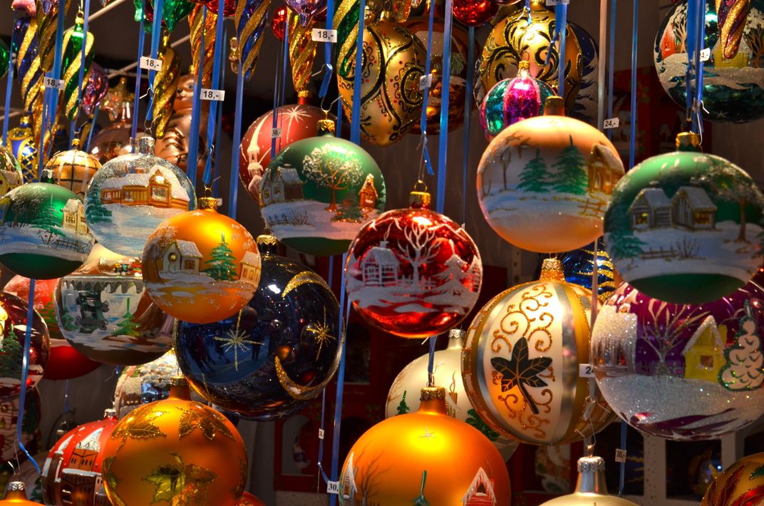 Holiday baubles at a Christmas market