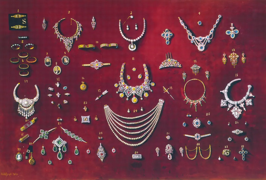 An 1898 painting of Jane's jewel collection by Astley D.M. Cooper