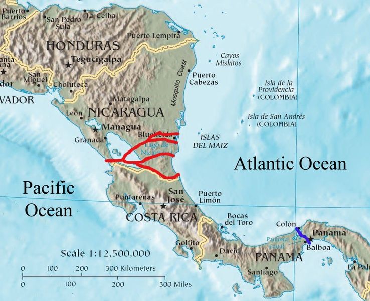 The Nicaragua canal's proposed routes (red) and the Panama canal (blue). Photo: Soerfm, Wikicommons