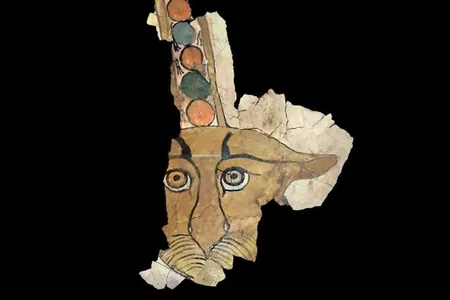 A digital reconstruction of a 2,000-year-old sarcophagus fragment adorned with the face of a leopard