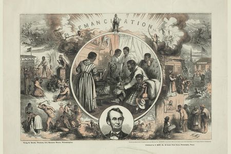 Famed illustrator Thomas Nast designed this celebration of emancipation, with Abraham Lincoln inset at the bottom, in 1865