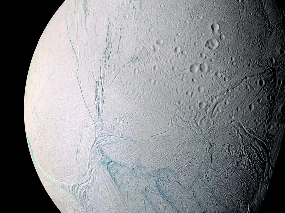 Saturn's moon Enceladus, with its white icy surface